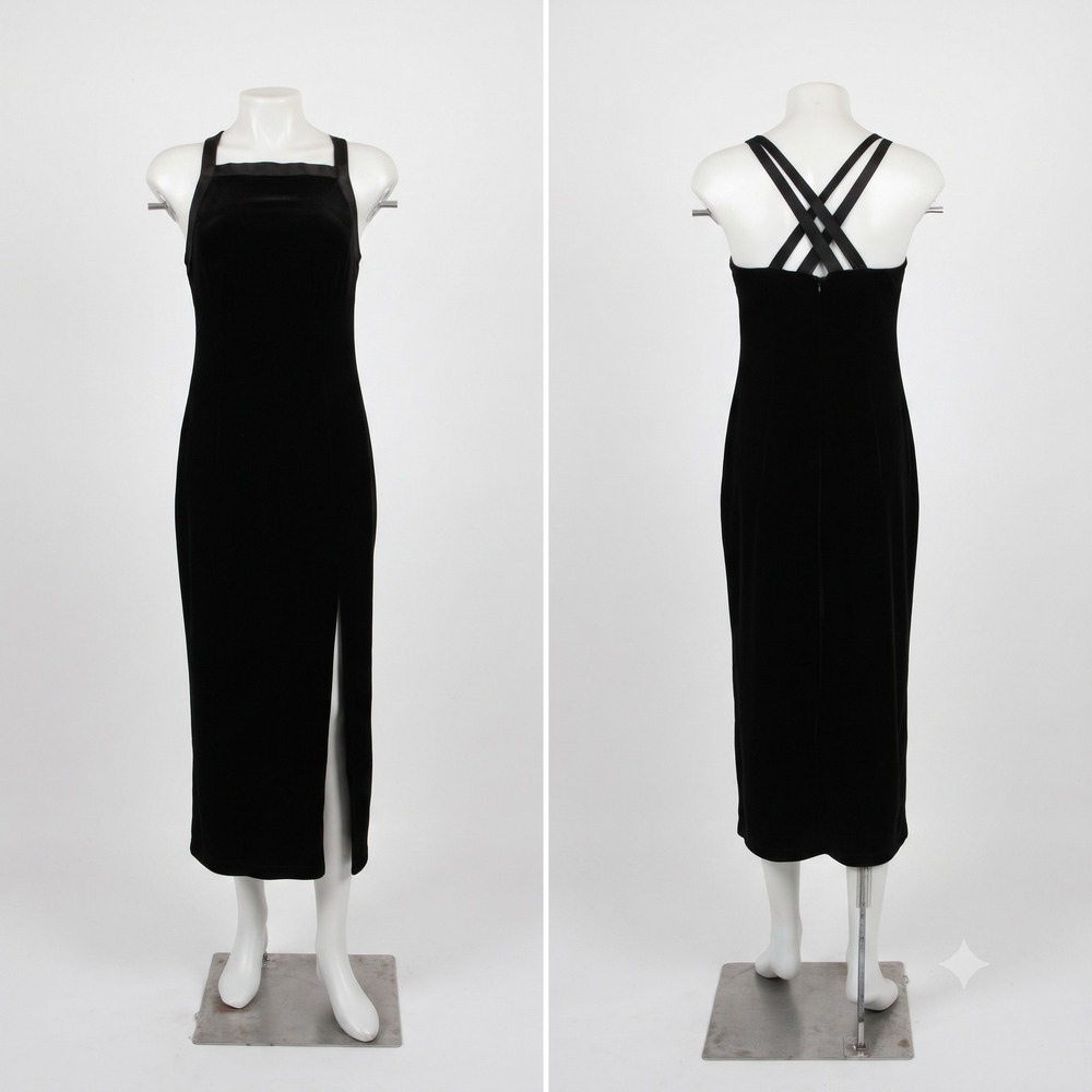 Vintage‎ CDC Petites Black Velvet Midi Dress Crisscross Back Y2K 90s Minimalist